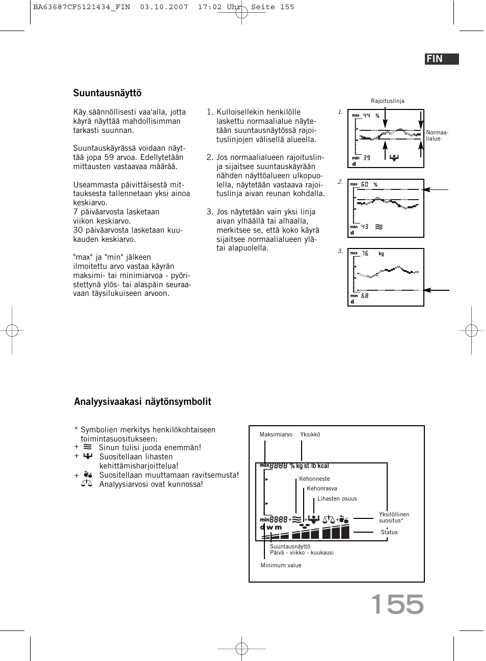 Suuntausnäyttö, Analyysivaakasi näytönsymbolit | SOEHNLE Body Balance Slim F5 User Manual | Page 155 / 292