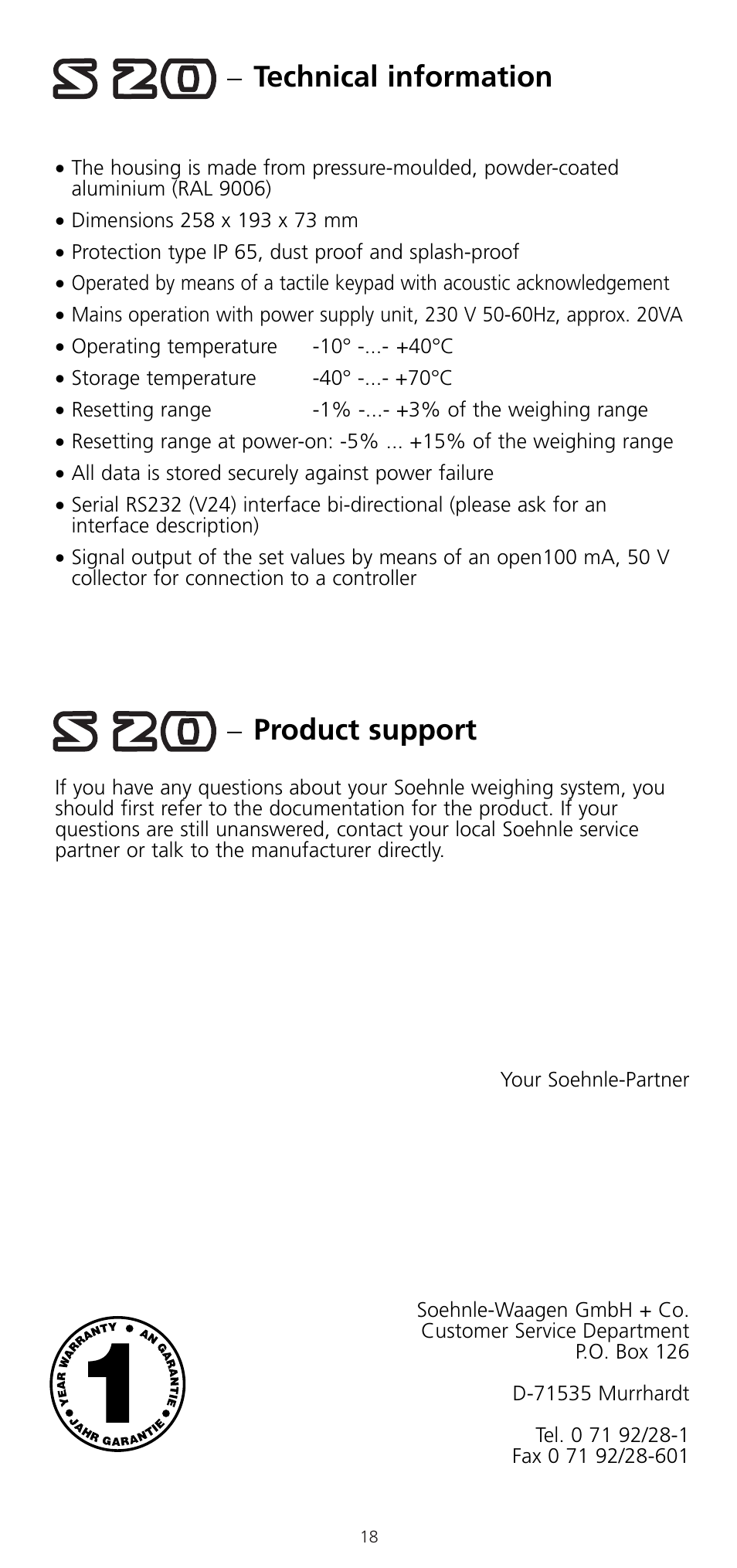 Technical information, Product support | SOEHNLE 2761 User Manual | Page 19 / 19
