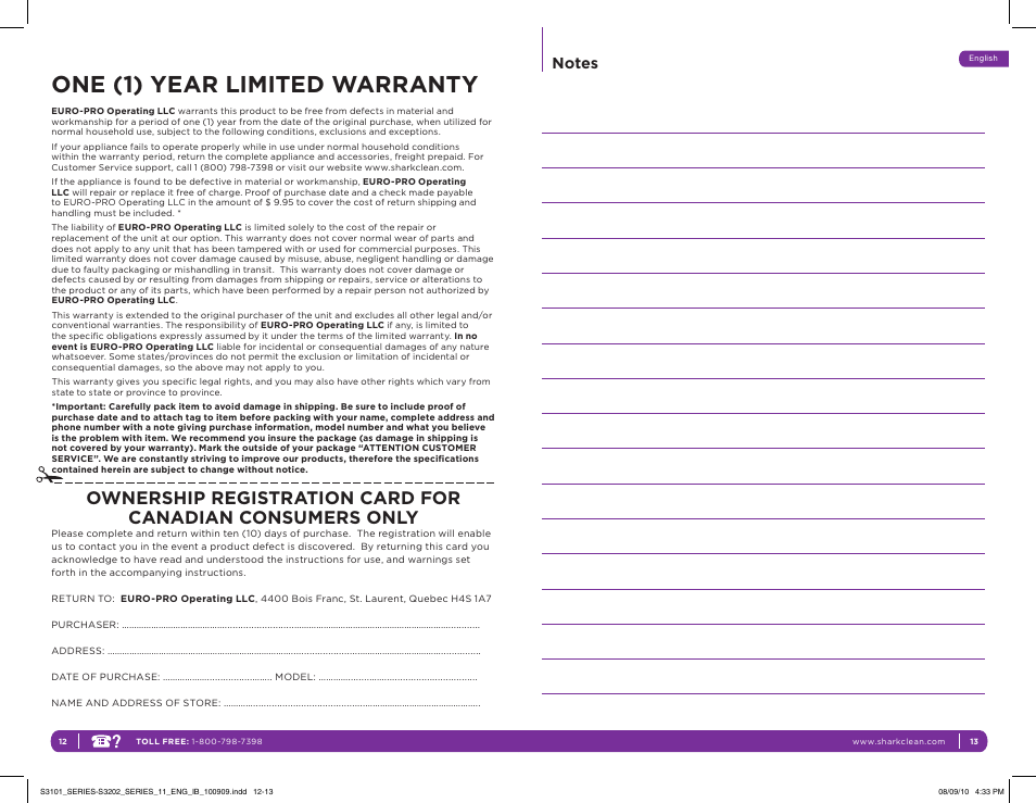 One (1) year limited warranty | Shark S3202 User Manual | Page 10 / 11