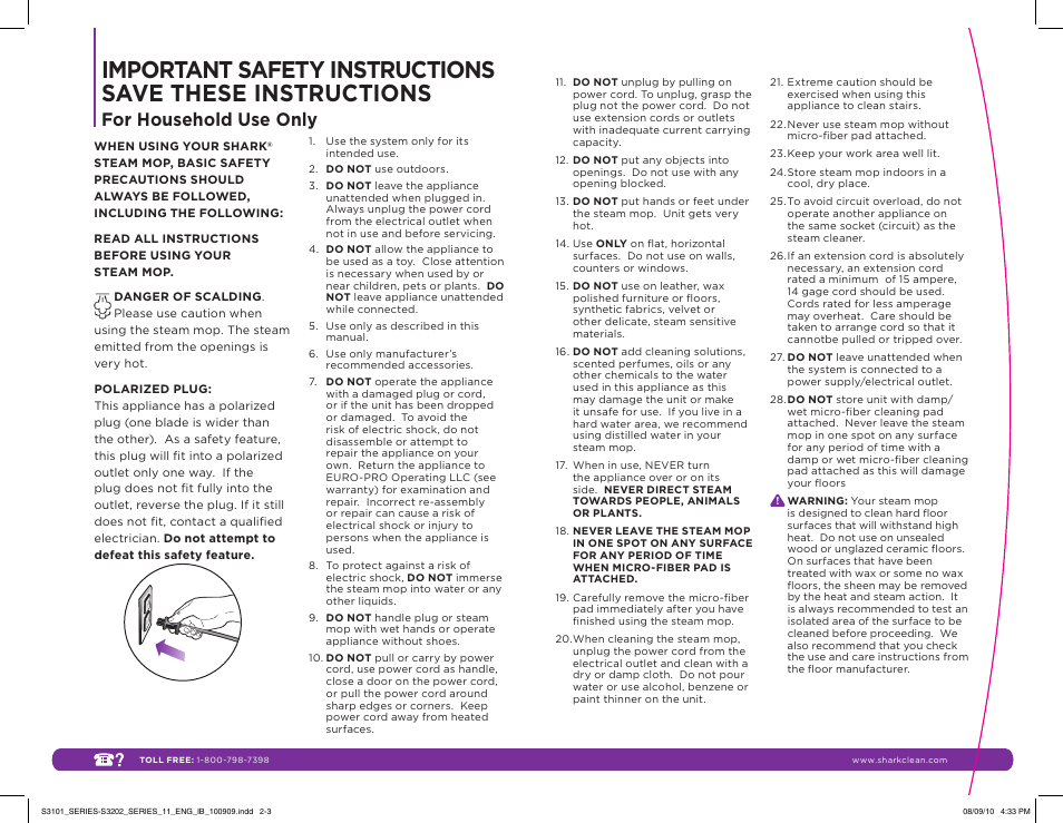 For household use only | Shark S3202 User Manual | Page 2 / 11