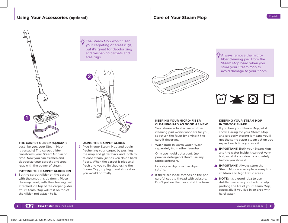 Using your accessories, Care of your steam mop | Shark S3202 User Manual | Page 8 / 11