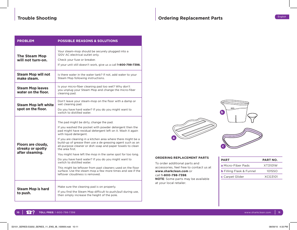 Trouble shooting, Ordering replacement parts | Shark S3202 User Manual | Page 9 / 11