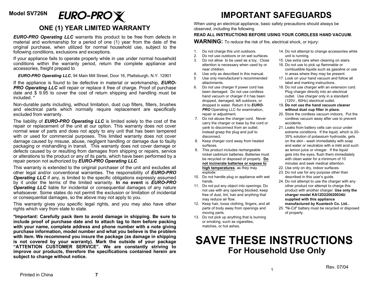 Save these instructions, Important safeguards, For household use only | One (1) year limited warranty | Shark SV726N User Manual | Page 3 / 6