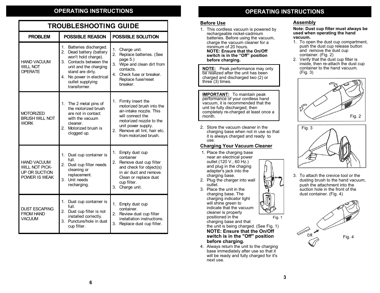 Troubleshooting guide, Operating instructions | Shark SV726N User Manual | Page 5 / 6