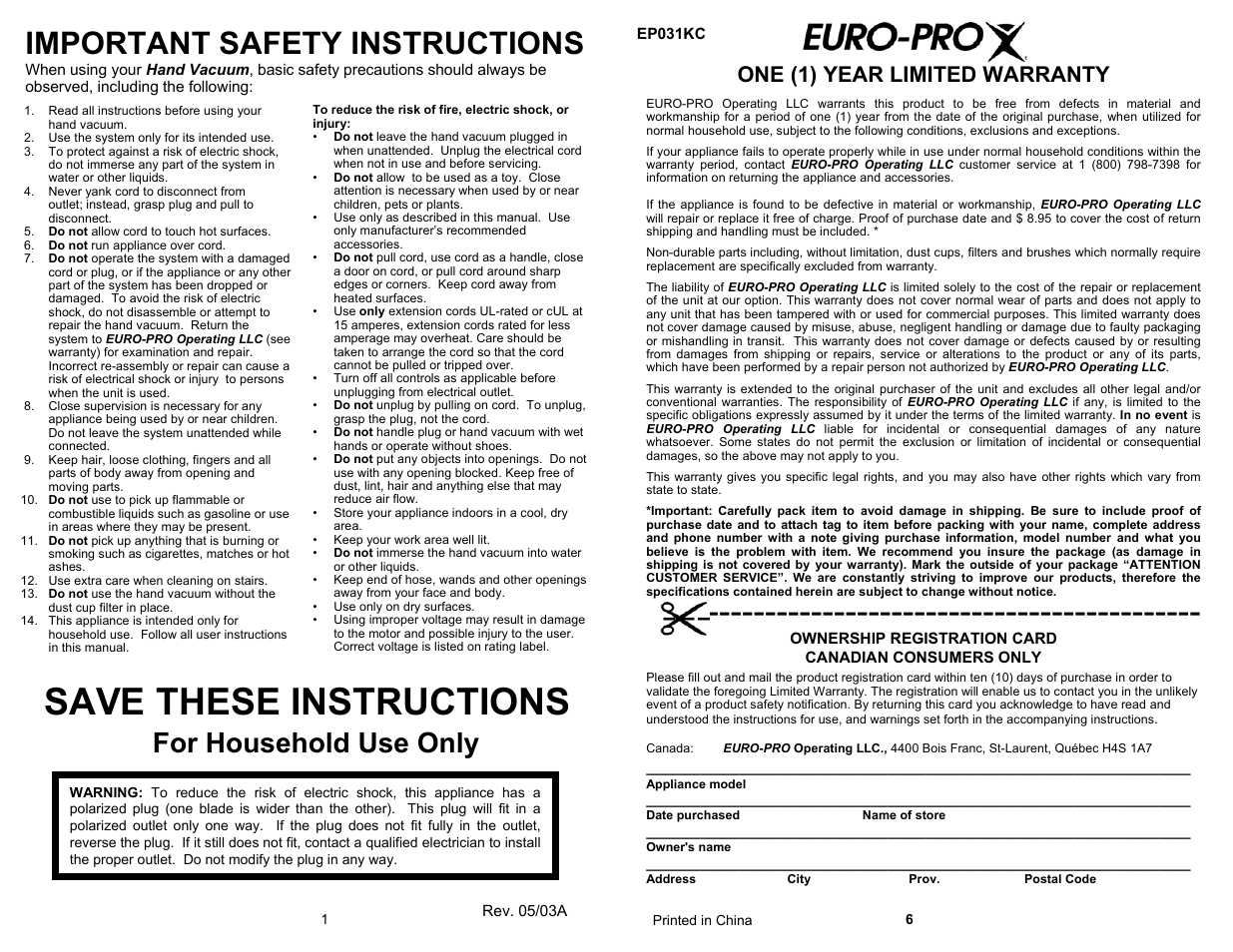 Save these instructions, Important safety instructions, For household use only | One (1) year limited warranty | Shark EP031KC User Manual | Page 2 / 4