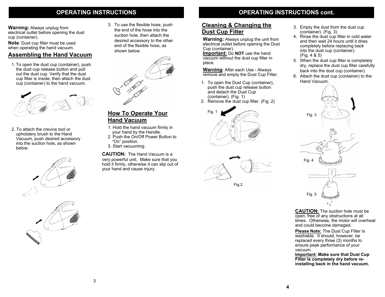 Operating instructions operating instructions cont, Cleaning & changing the dust cup filter, Assembling the hand vacuum | How to operate your hand vacuum | Shark EP031KC User Manual | Page 4 / 4