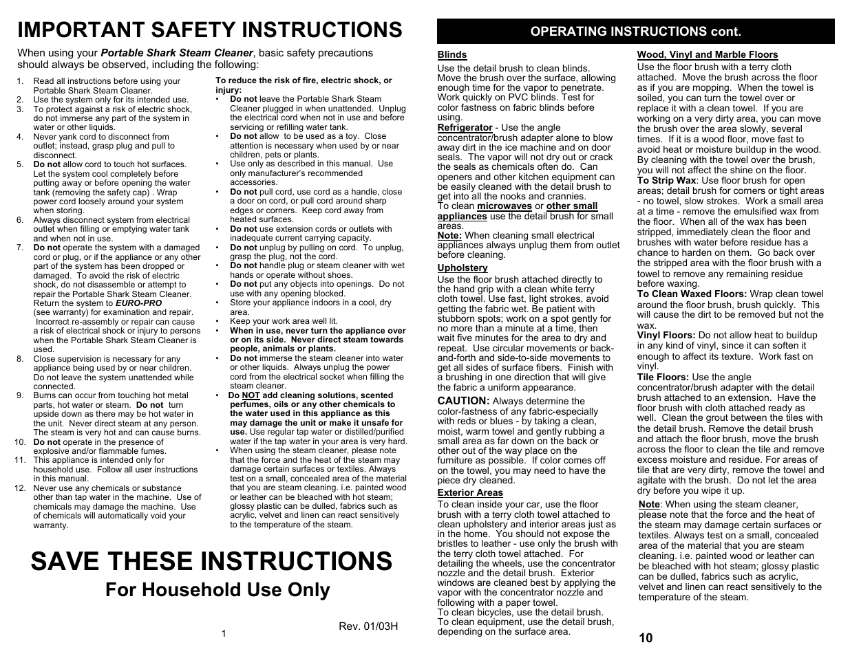 Save these instructions, Important safety instructions, For household use only | Operating instructions cont | Shark EURO-PROX SC505 User Manual | Page 2 / 6