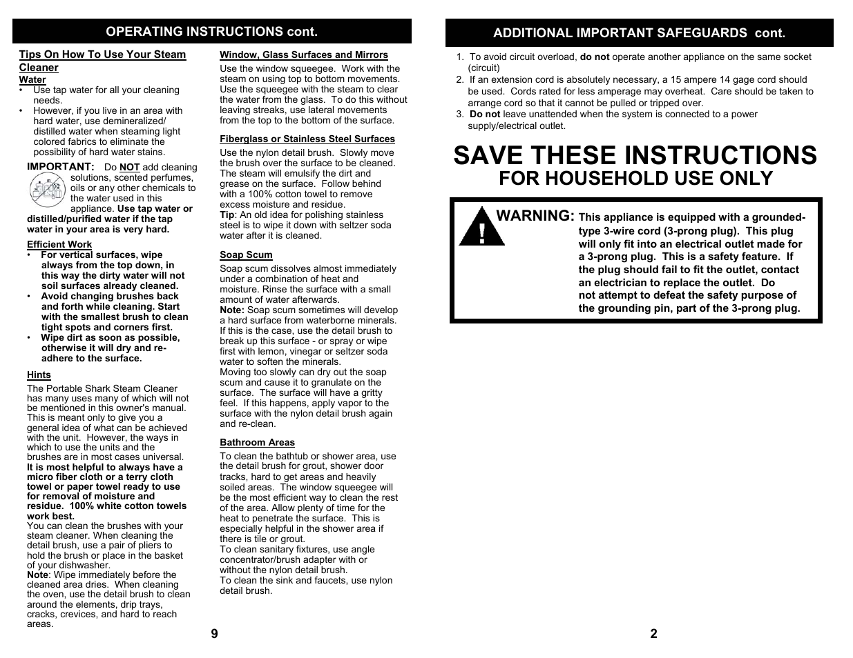 Save these instructions, For household use only, Warning | Shark EURO-PROX SC505 User Manual | Page 3 / 6