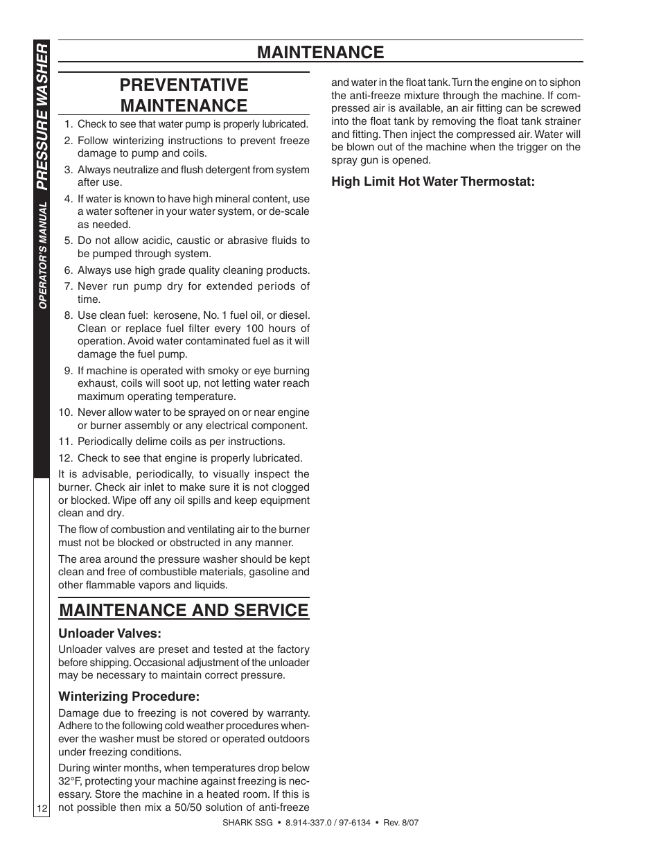 Maintenance preventative maintenance, Maintenance and service, Pressure w asher | Shark SSG-503537E/G User Manual | Page 12 / 38