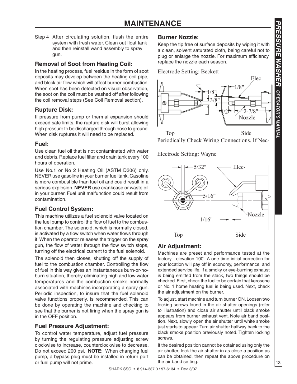 Maintenance, Pressure w asher | Shark SSG-503537E/G User Manual | Page 13 / 38