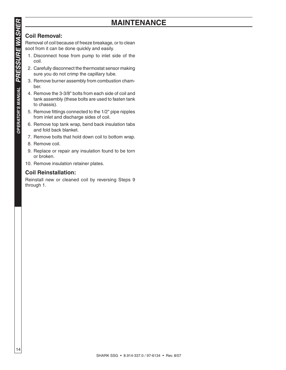 Maintenance, Pressure w asher | Shark SSG-503537E/G User Manual | Page 14 / 38