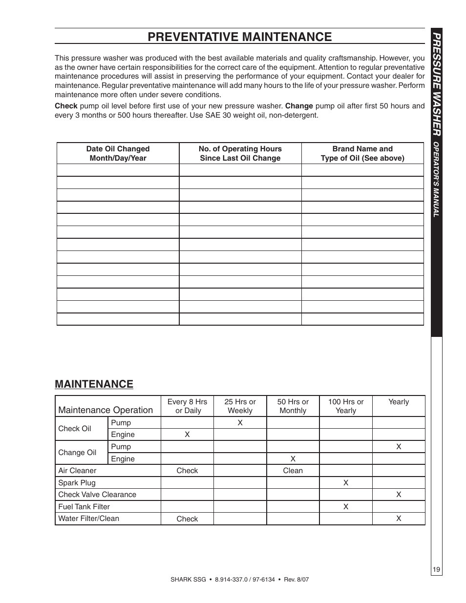 Preventative maintenance, Pressure w asher, Maintenance | Shark SSG-503537E/G User Manual | Page 19 / 38