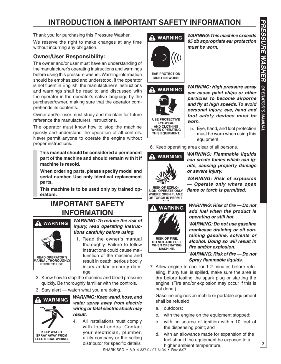 Introduction & important safety information, Important safety information, Pressure w asher | Owner/user responsibility | Shark SSG-503537E/G User Manual | Page 3 / 38