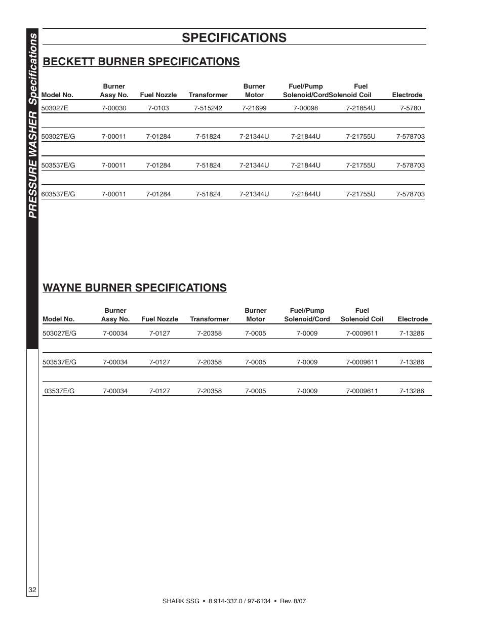 Specifications, Pressure w asher specifications, Beckett burner specifications | Wayne burner specifications | Shark SSG-503537E/G User Manual | Page 32 / 38