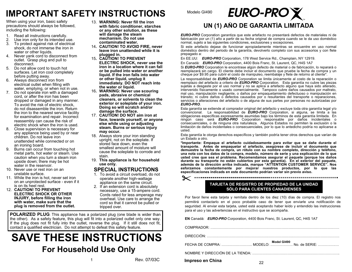 Save these instructions, Important safety instructions, For household use only | Un (1) año de garantía limitada, Special instructions | Shark GI490 User Manual | Page 2 / 12