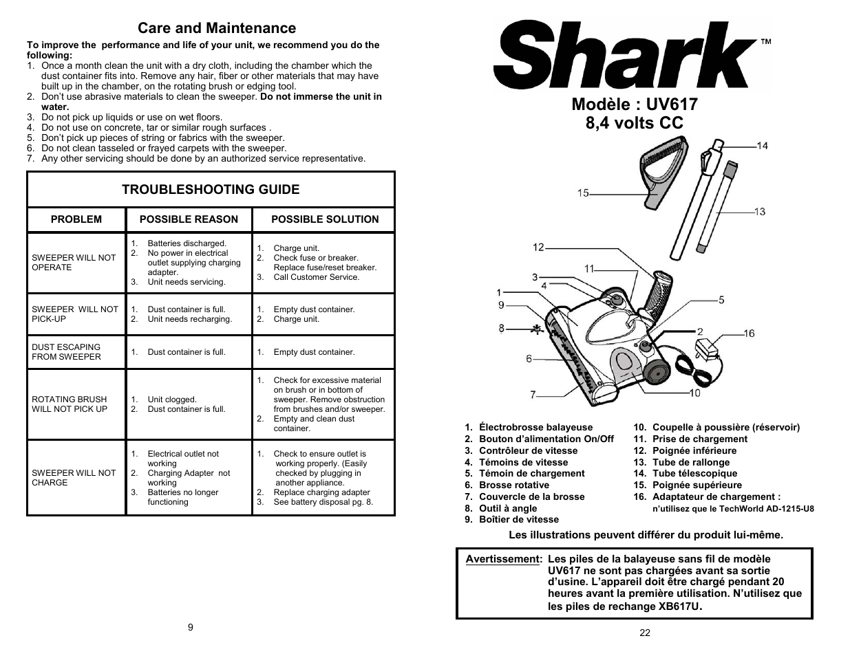 Care and maintenance, Troubleshooting guide | Shark UV617 User Manual | Page 10 / 16