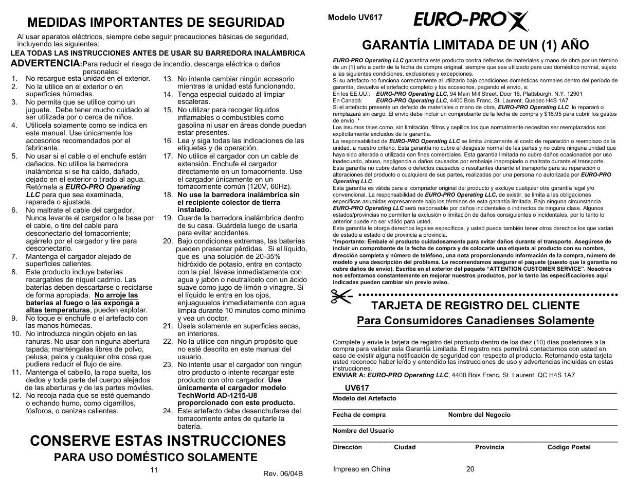 Conserve estas instrucciones, Medidas importantes de seguridad, Garantía limitada de un (1) año | Para uso doméstico solamente, Advertencia | Shark UV617 User Manual | Page 12 / 16