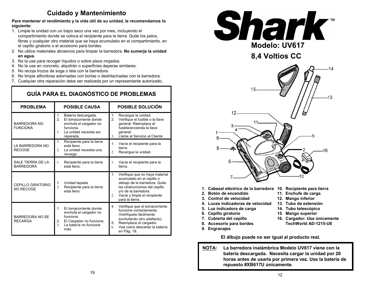 Cuidado y mantenimiento, Guía para el diagnóstico de problemas | Shark UV617 User Manual | Page 13 / 16