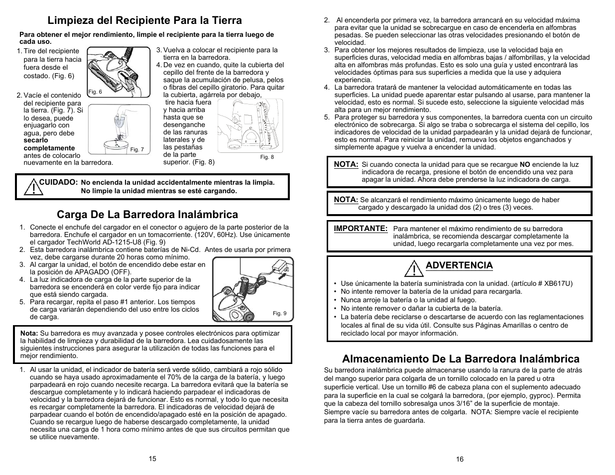 Limpieza del recipiente para la tierra, Carga de la barredora inalámbrica, Almacenamiento de la barredora inalámbrica | Advertencia | Shark UV617 User Manual | Page 16 / 16