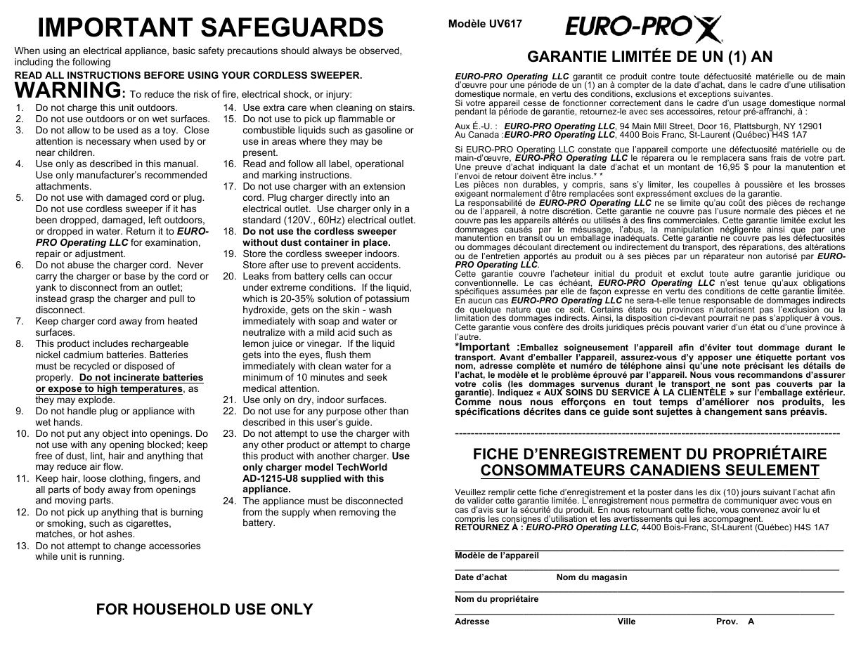 Important safeguards, Warning, For household use only | Garantie limitée de un (1) an | Shark UV617 User Manual | Page 2 / 16