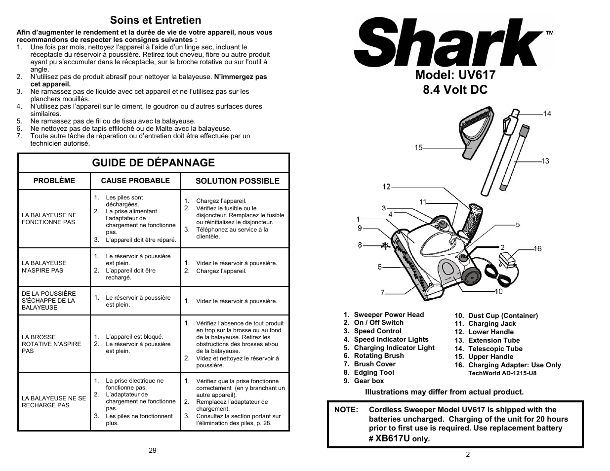 Soins et entretien, Guide de dépannage, Xb617u | Shark UV617 User Manual | Page 3 / 16