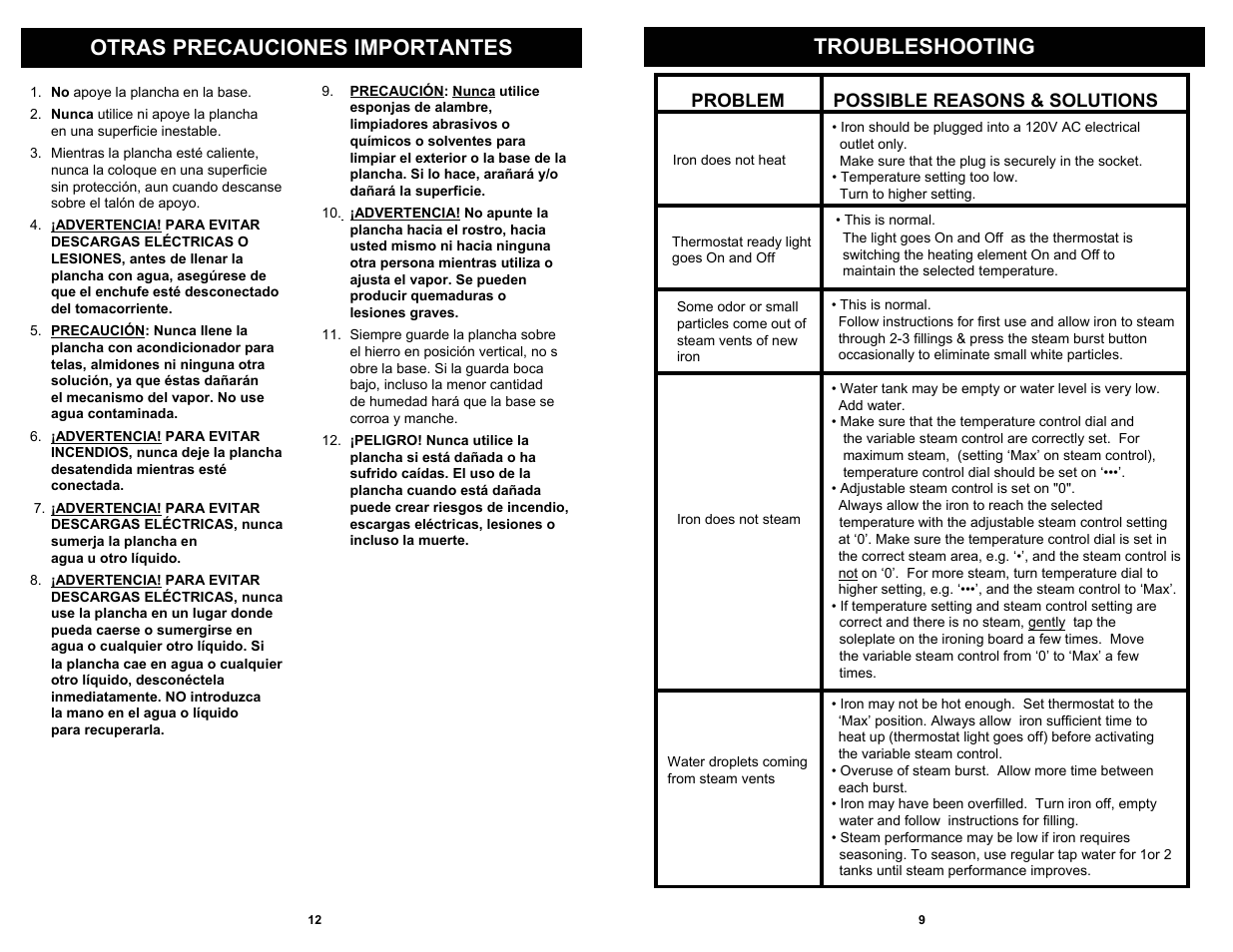 Troubleshooting otras precauciones importantes, Problem possible reasons & solutions | Shark GI465 User Manual | Page 11 / 12