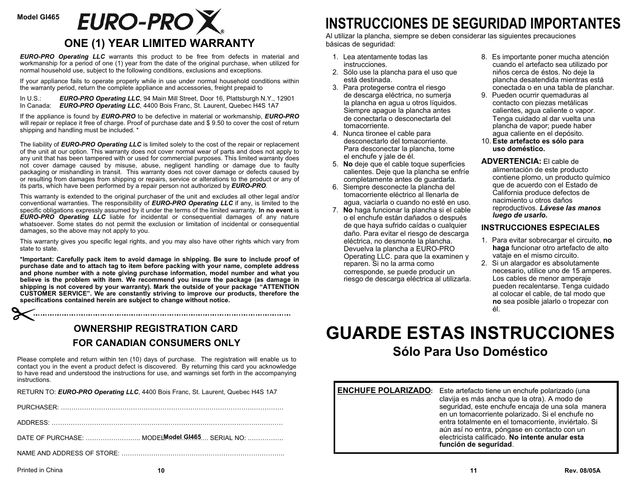 Guarde estas instrucciones, Instrucciones de seguridad importantes, Sólo para uso doméstico | One (1) year limited warranty, Ownership registration card, For canadian consumers only | Shark GI465 User Manual | Page 12 / 12