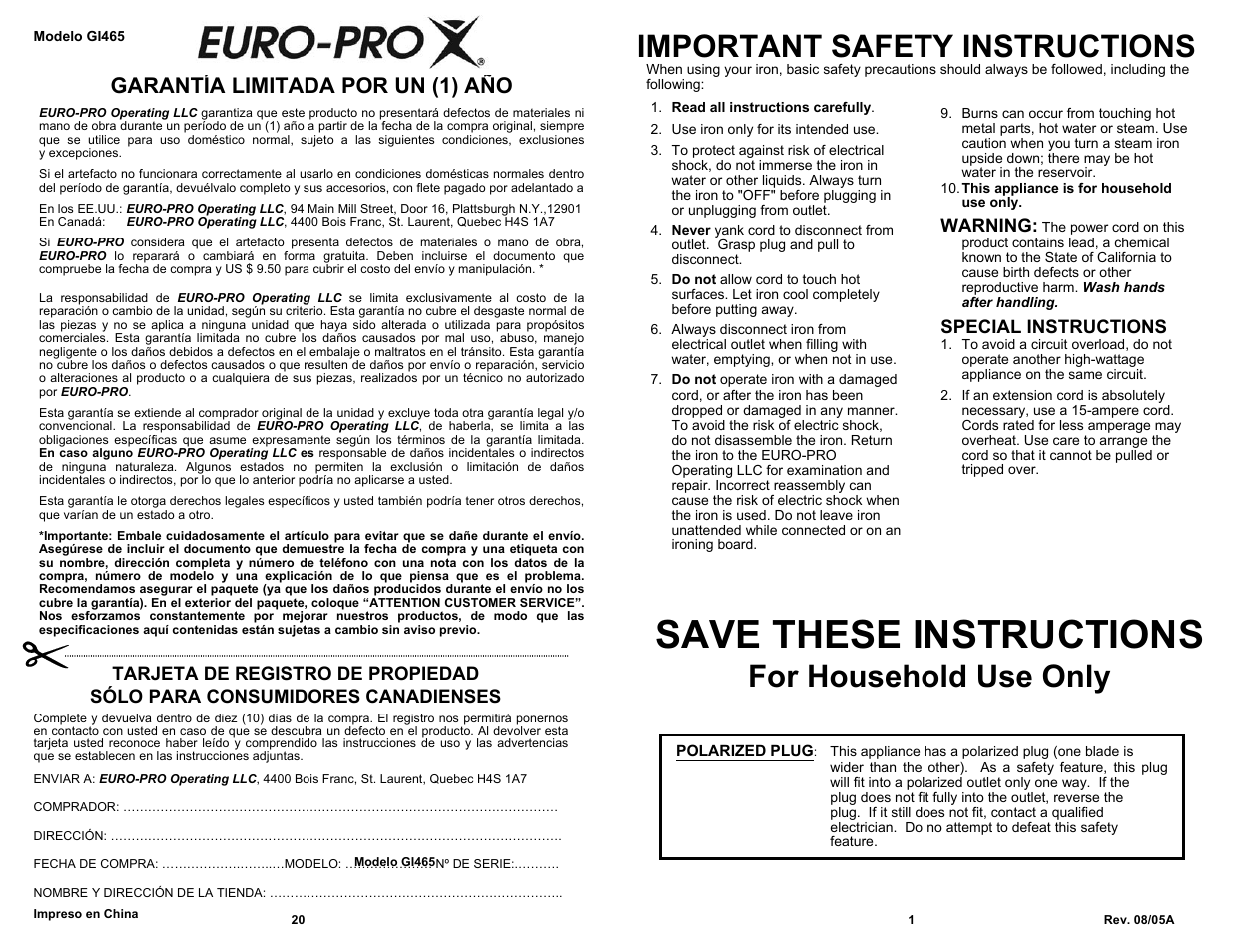 Save these instructions, Important safety instructions, For household use only | Garantía limitada por un (1) año, Warning, Special instructions | Shark GI465 User Manual | Page 3 / 12