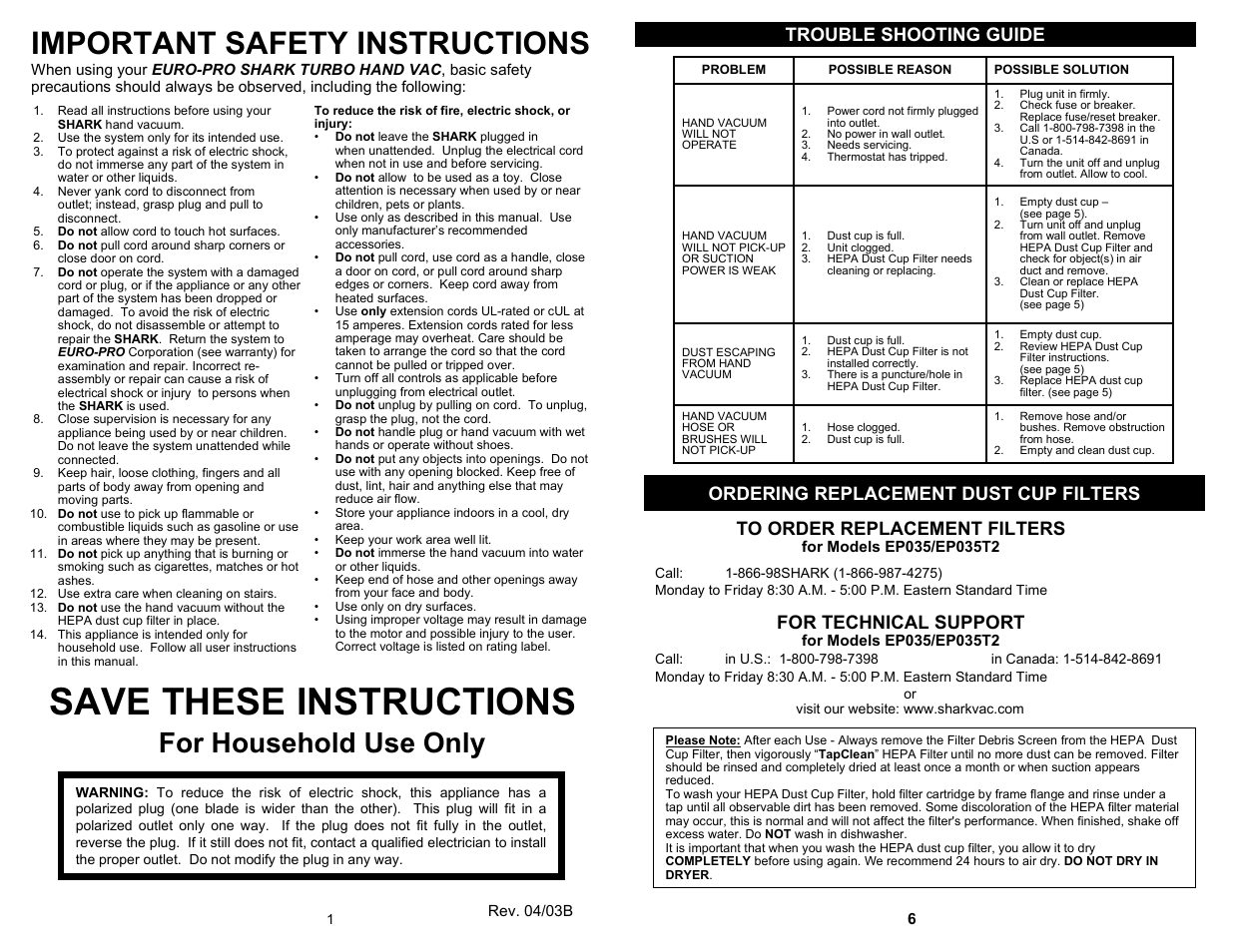 Save these instructions, Important safety instructions, For household use only | For technical support | Shark TAPCLEAN EP035T2 User Manual | Page 2 / 4