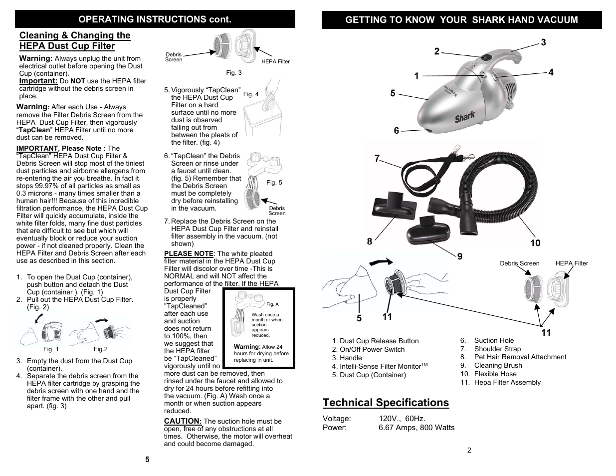 Technical specifications, Getting to know your shark hand vacuum, Operating instructions cont | Cleaning & changing the hepa dust cup filter | Shark TAPCLEAN EP035T2 User Manual | Page 3 / 4