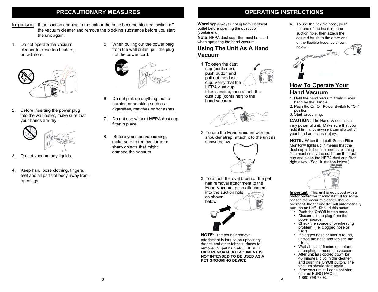 Precautionary measures, Operating instructions, Using the unit as a hand vacuum | How to operate your hand vacuum | Shark TAPCLEAN EP035T2 User Manual | Page 4 / 4