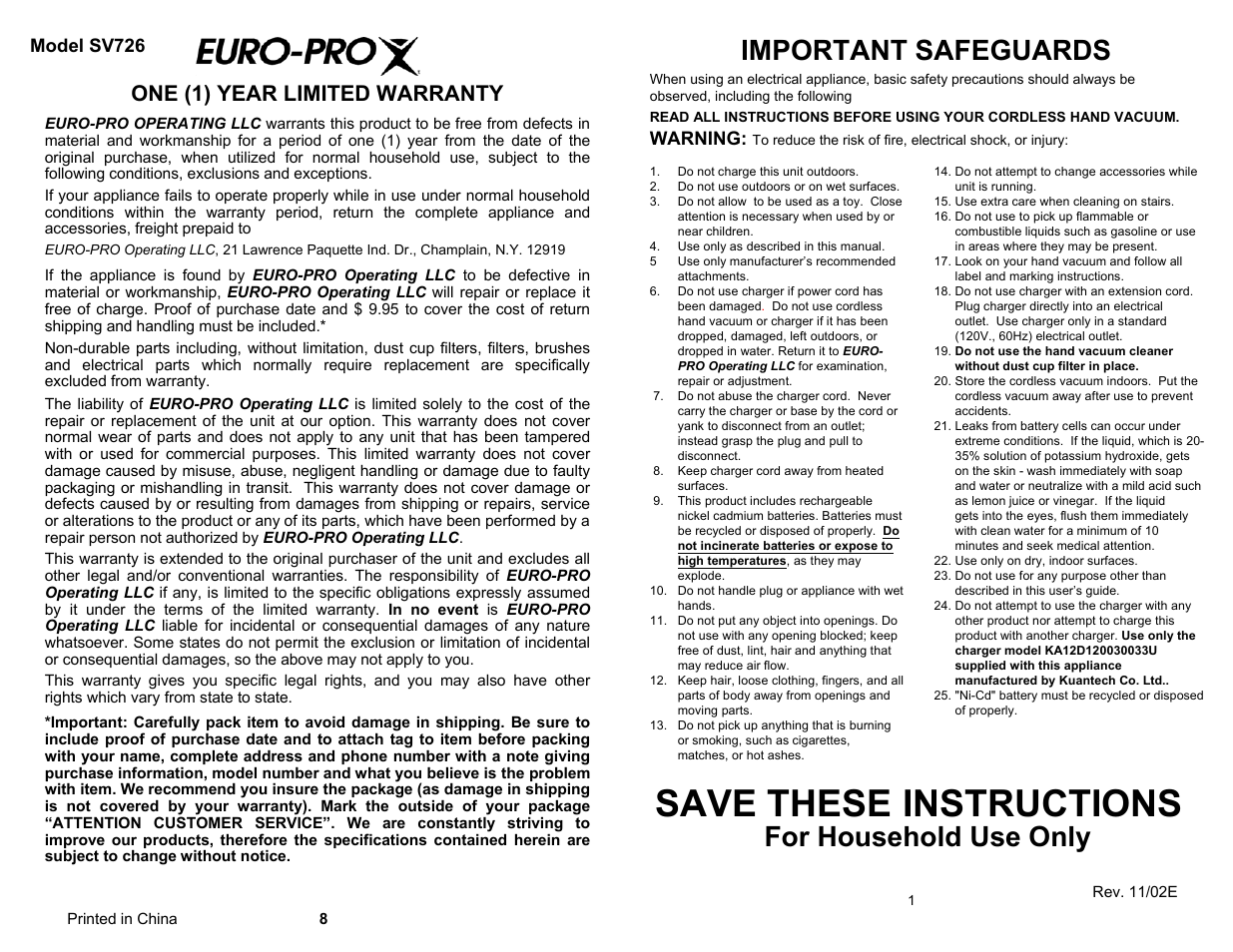 Save these instructions, Important safeguards, For household use only | One (1) year limited warranty | Shark SV726 User Manual | Page 3 / 6