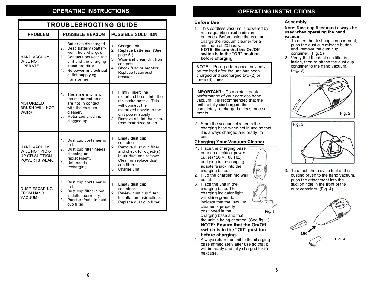 Troubleshooti ng gui de, Operating instructions | Shark SV726 User Manual | Page 5 / 6