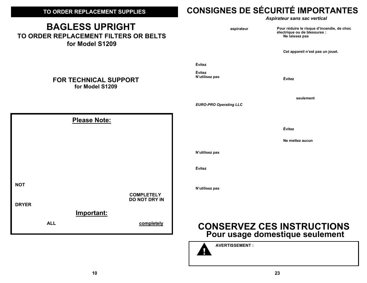 Conservez ces instructions, Bagless upright, Consignes de sécurité importantes | Pour usage domestique seulement, For technical support, Important, For model s1209 | Shark S1209 User Manual | Page 12 / 18