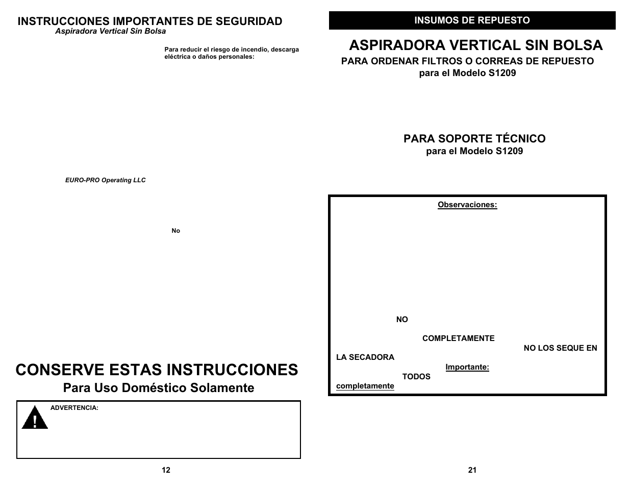 Conserve estas instrucciones, Aspiradora vertical sin bolsa, Para uso doméstico solamente | Instrucciones importantes de seguridad, Para soporte técnico | Shark S1209 User Manual | Page 14 / 18