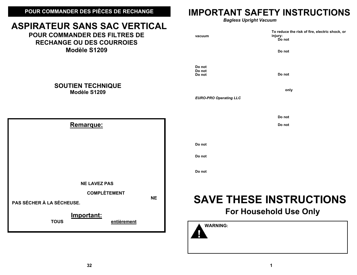 Save these instructions, Important safety instructions, Aspirateur sans sac vertical | For household use only, Soutien technique, Remarque, Important, Pour commander des pièces de rechange, Modèle s1209 | Shark S1209 User Manual | Page 3 / 18