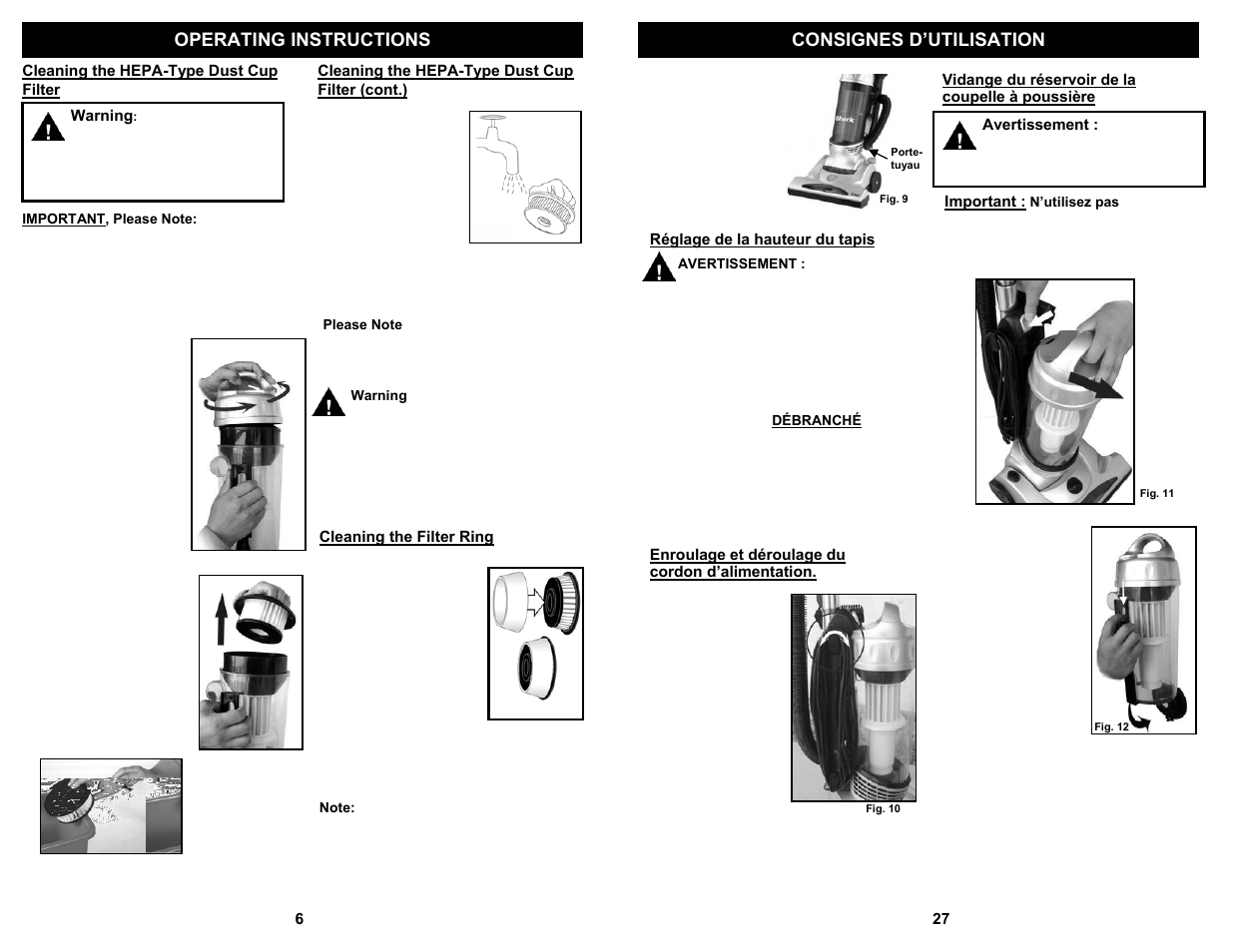 Operating instructions consignes d’utilisation | Shark S1209 User Manual | Page 8 / 18