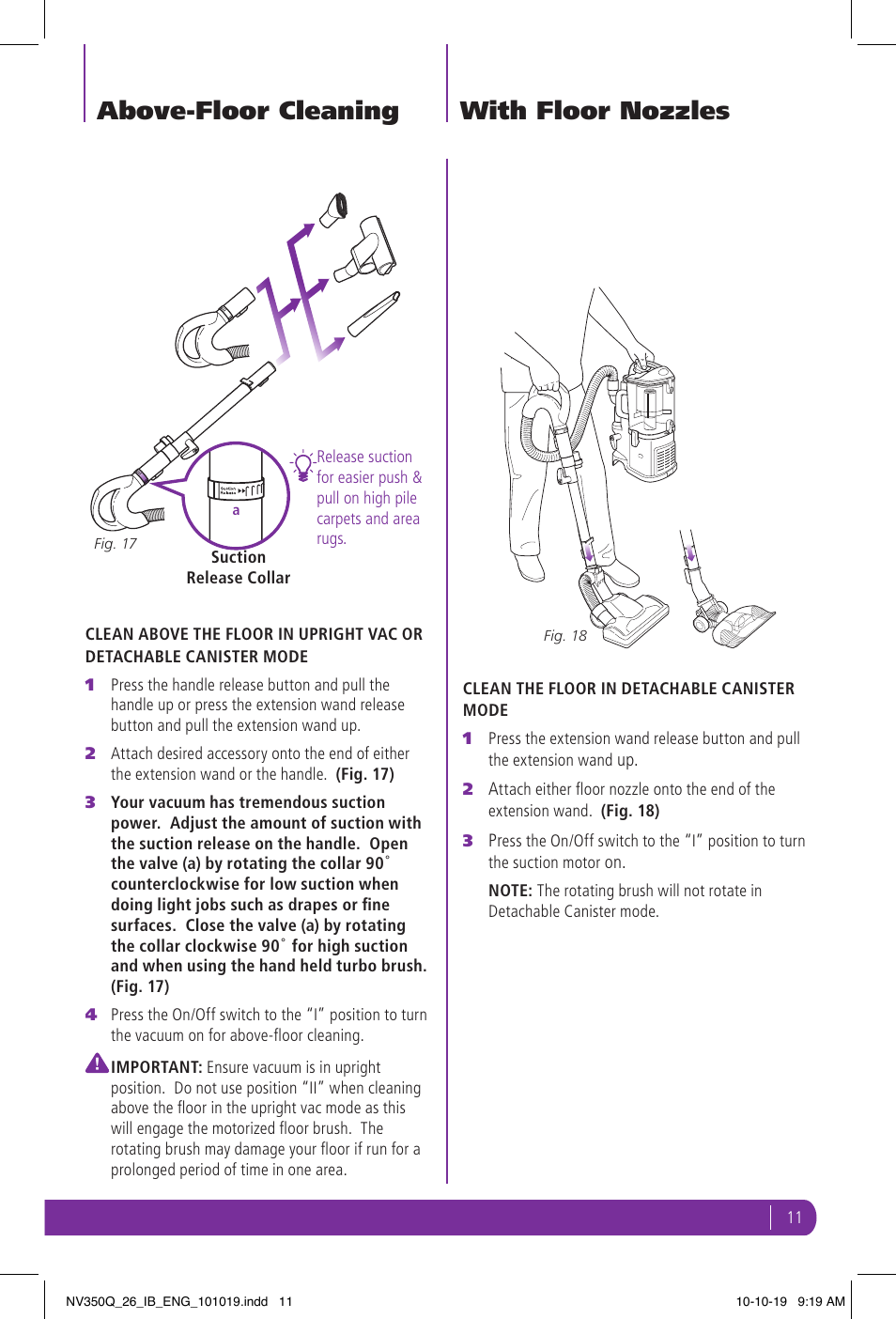 Above-floor cleaning, With floor nozzles | Shark NV350Q User Manual | Page 11 / 20