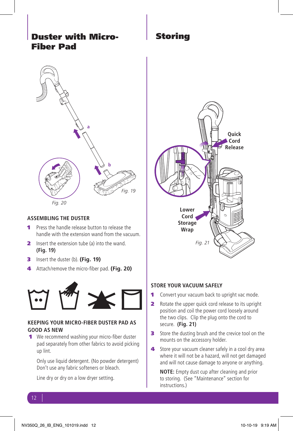 Storing, Duster with micro- fiber pad | Shark NV350Q User Manual | Page 12 / 20
