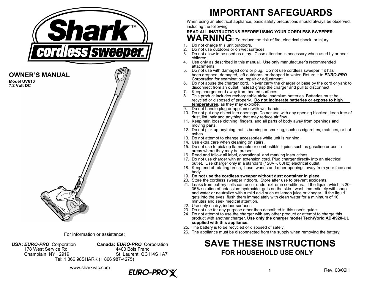 Shark UV610 User Manual | 6 pages