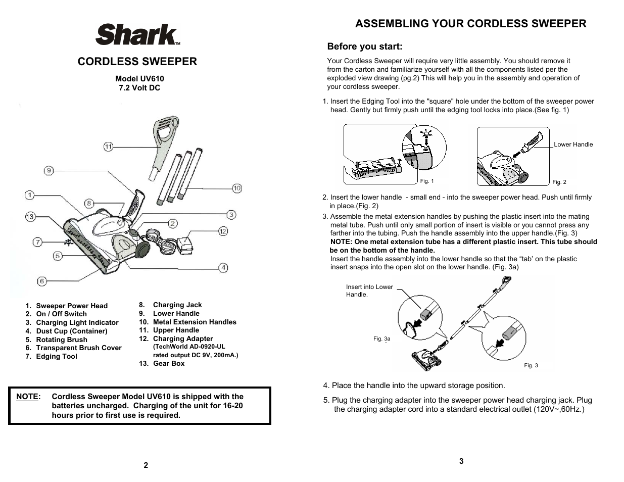 Assembling your cordless sweeper, Cordless sweeper | Shark UV610 User Manual | Page 2 / 6