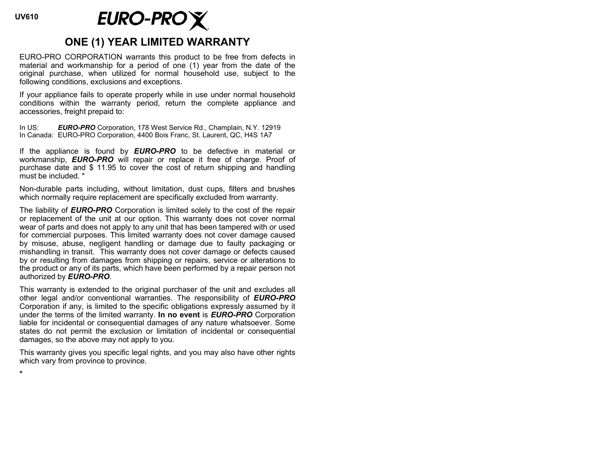 One (1) year limited warranty | Shark UV610 User Manual | Page 6 / 6