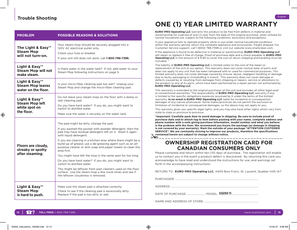 One (1) year limited warranty, Trouble shooting | Shark LIGHT & EASY S3250 11 User Manual | Page 10 / 11