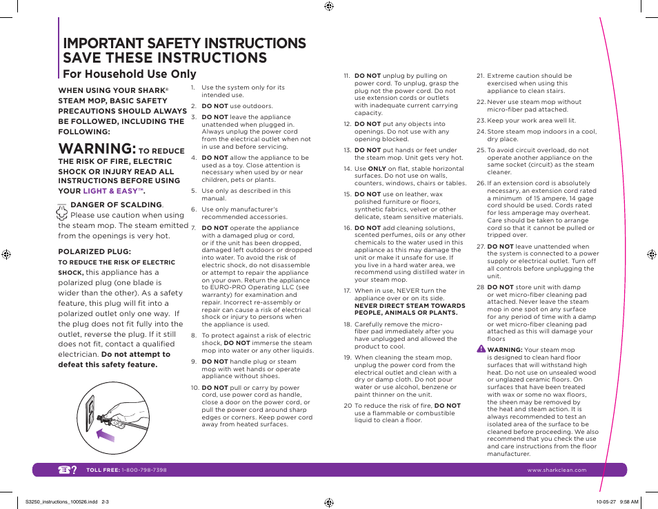 Warning, For household use only | Shark LIGHT & EASY S3250 11 User Manual | Page 2 / 11