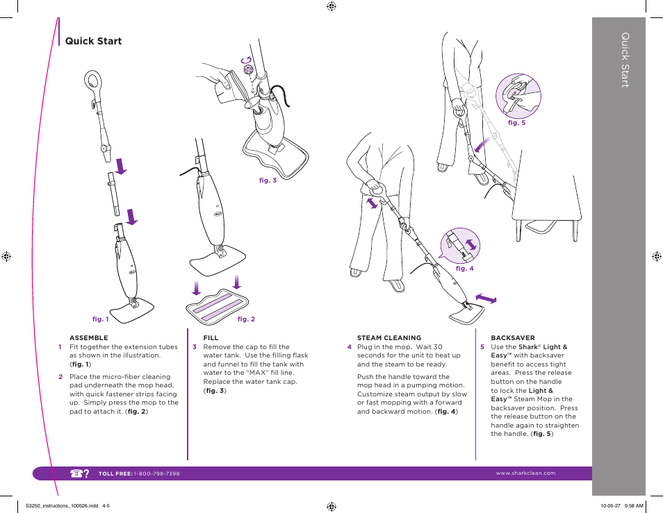 Quick s tart, Quick start | Shark LIGHT & EASY S3250 11 User Manual | Page 3 / 11