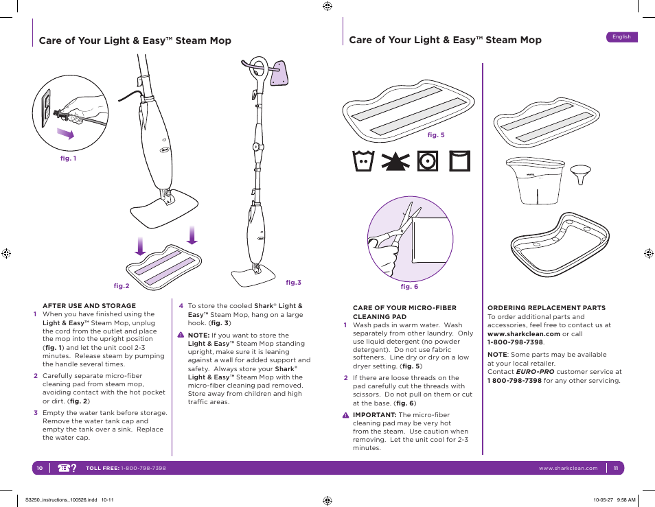 Care of your light & easy™ steam mop | Shark LIGHT & EASY S3250 11 User Manual | Page 9 / 11