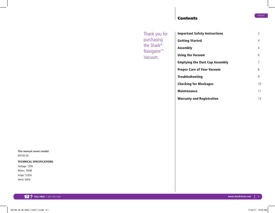 Navigator, Vacuum | Shark Navigator Vacuum NV100 User Manual | Page 2 / 9