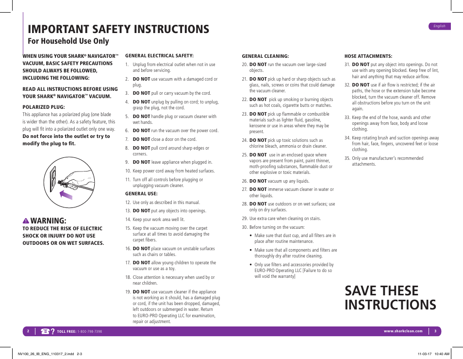 Save these instructions, Important safety instructions, Warning | For household use only | Shark Navigator Vacuum NV100 User Manual | Page 3 / 9