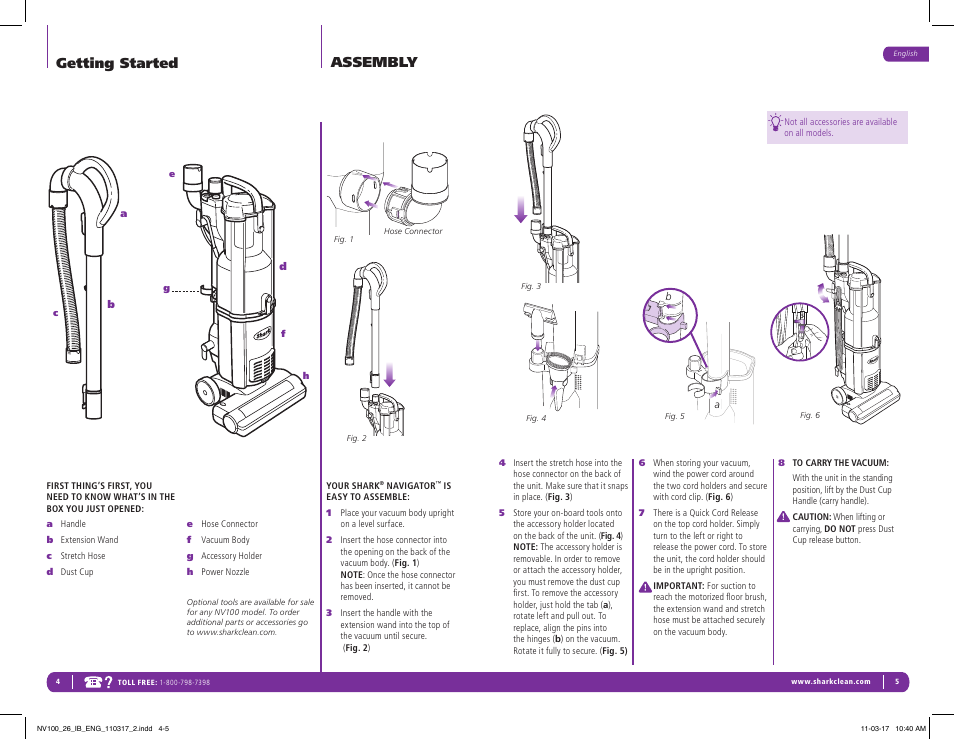 Getting started, Assembly | Shark Navigator Vacuum NV100 User Manual | Page 4 / 9