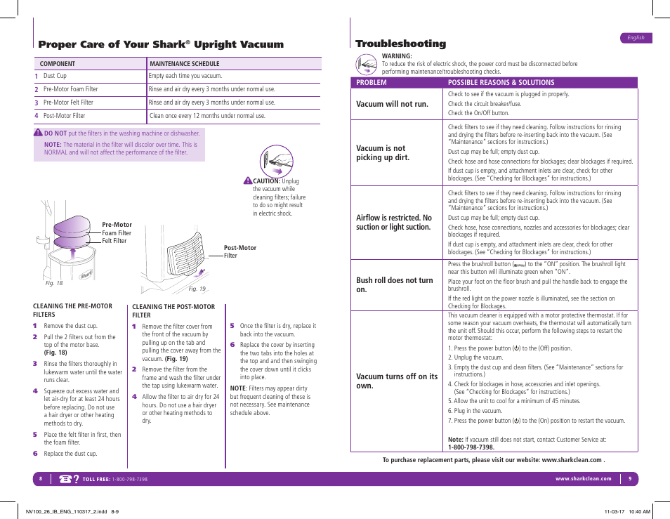 Proper care of your shark, Upright vacuum, Troubleshooting | Shark Navigator Vacuum NV100 User Manual | Page 6 / 9